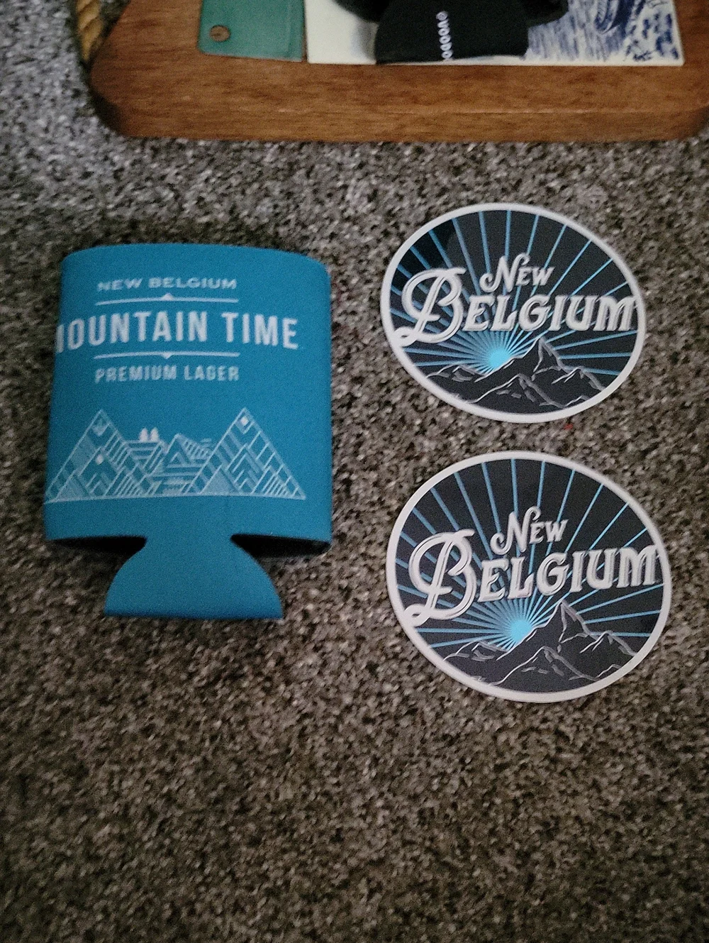 New Belgium Mountain Time Koozie + 2 Round Stickers - Teal